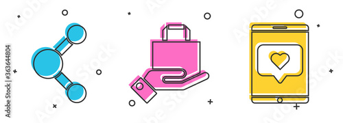 Set Share, Hand and paper shopping bag and Mobile phone and like with heart icon. Vector.