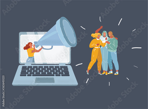 Vector illustration of woman with megaphone yelling and screaming in megaphone to group of people to keep they attention. Advertising and remote working prosses. background.