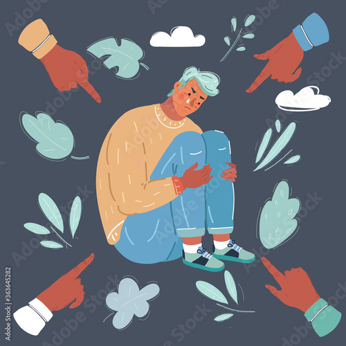 Vector illustration of person being bullied on dark background. Young man, outcast of group. Male character on dark background. Problem at school or work.