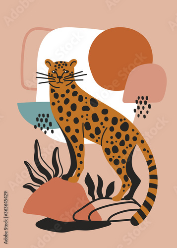 Modern poster design with Wild Cat or Leopard outdoors in the wilderness over an abstract background in muted colors, colored vector illustration