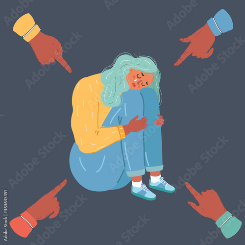 Vector illustration of Stop Bullying. Person being bullied on dark background. Young woman, outcast of group. Problem at school or work.