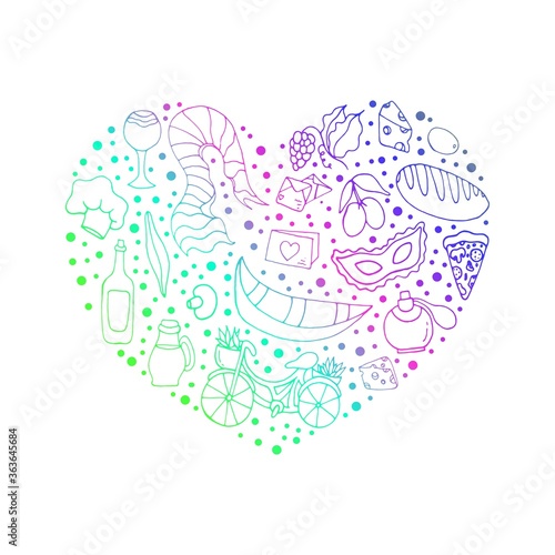 Italy. Set with Italian attributes. Design of postcards, invitation cards, posters, stickers, clothing, fabrics. Vector encoded illustration with Italian design element. 