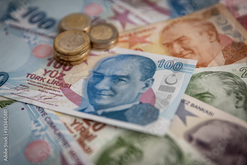 Various Turkish Lira Banknotes anc Coins photo