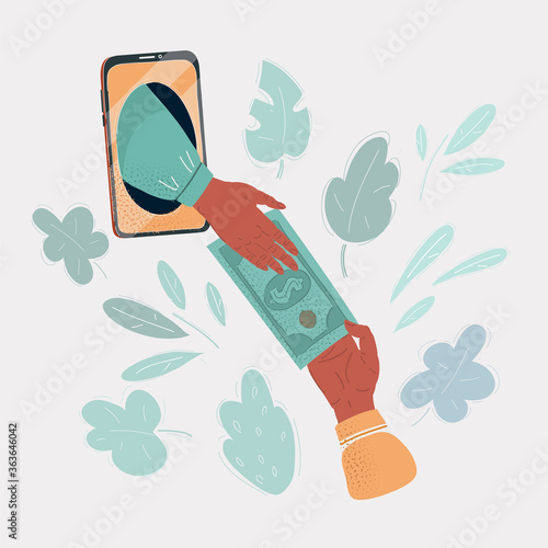 Vector illustration of smartphone give money to someones person hand. Money transfers concept
