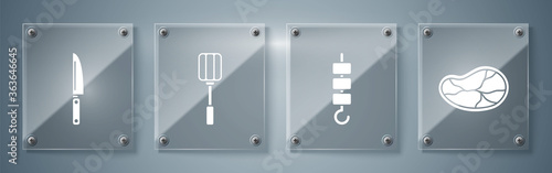 Set Steak meat, Grilled shish kebab on skewer stick, Spatula and Knife. Square glass panels. Vector.