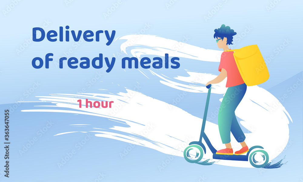 The guy on the kick scooter in motion with delivery. A man with a thermal bag is carrying an order. Delivery concept. 