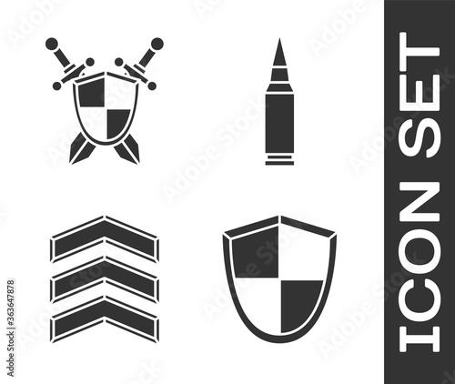 Set Shield, Medieval shield with crossed swords, Military rank and Bullet icon. Vector.