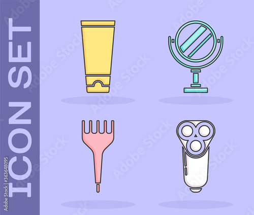 Set Electric razor blade for men, Cream or lotion cosmetic tube, Hairbrush and Round makeup mirror icon. Vector.