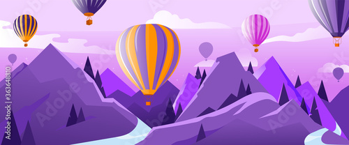 Concept Of Travelling And Adventures. Many Hot Air Balloons In The Air Flying Above Mountains In Summer. Calm And Tranquility. Colorful Ballons and Cloud in The Sky. Cartoon Flat Vector Illustration