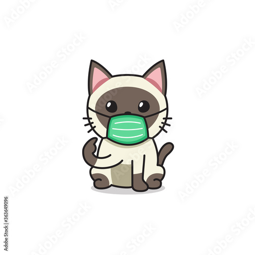 Cartoon character siamese cat wearing protective face mask for design. © jaaakworks