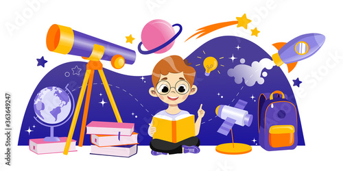 Concept Of Astronomy And Back To School. Boy Astronomer Learn The Subject. Student Is Sitting Near Big Telescope In Surrounding Rocket With Planets. Cartoon Linear Outline Flat Vector Illustration