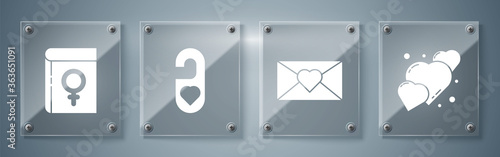 Set Heart, Envelope with 8 March, Please do not disturb with heart and Book about women. Square glass panels. Vector.