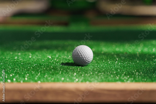 Golf ball on the green grass. Sport mini-golf game.
