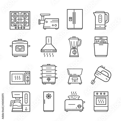 Modern kitchen household domestic appliances thin line icon set