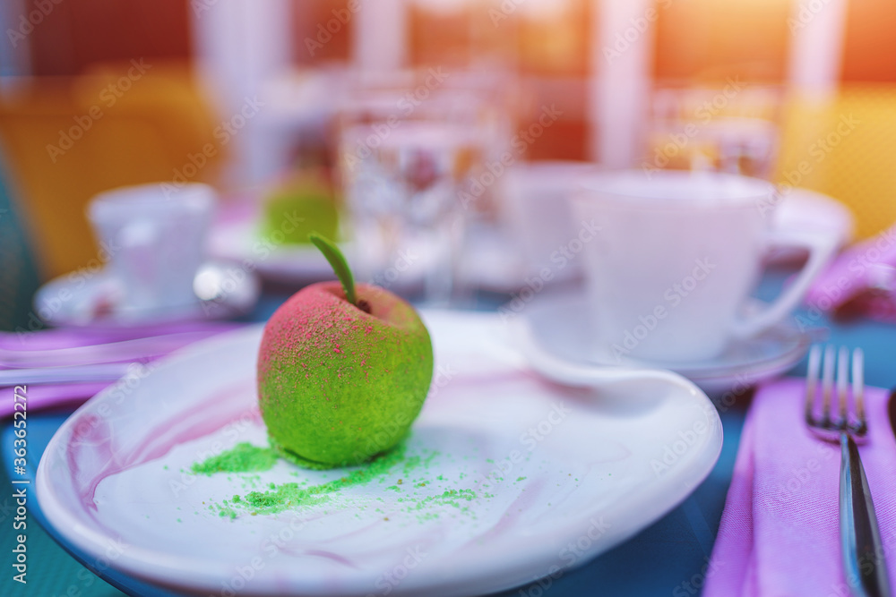 green and pink fresh apple like baked dessert with coffee in cafe in morning green and pink fresh apple like baked dessert with coffee in cafe in morning