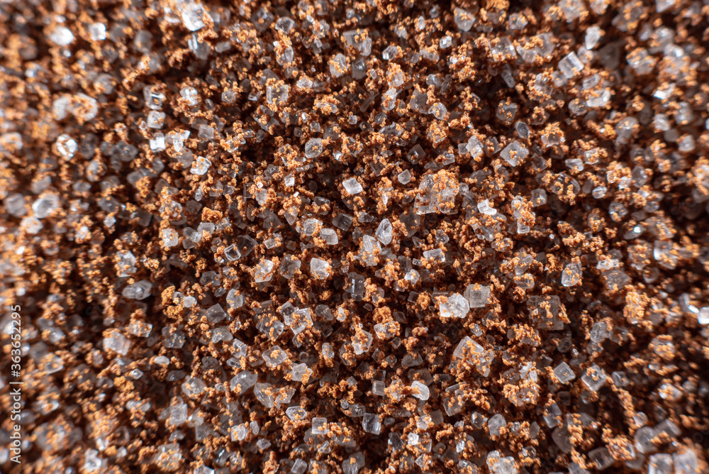 Fullscreen macro close-up with shallow depth of field of sugar mixed with instant coffee. Texture. Graphic design. Fullscreen macro close-up with shallow depth of field of sugar mixed with instant coffee. Texture. Graphic design.