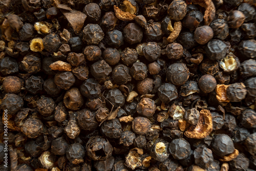 Fullscreen macro closeup with shallow depth of field of unmilled black peppercorns Fullscreen macro closeup with shallow depth of field of unmilled black peppercorns