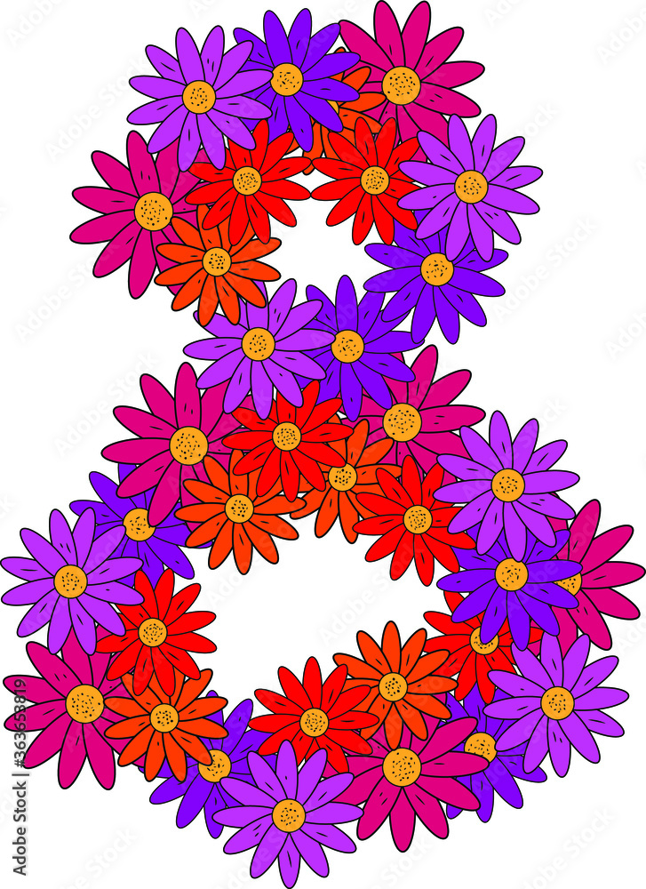 Flower font. Arabic numeral 8. Lots of colorful flower heads. Inflorescence. Bright petals. Purple, pink, red, orange. Romantic summer lettering. Score, math