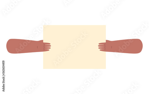 Two dark skin color hands holding empty sheet of paper isolated on white. Space for text background. Protest, meeting concept.