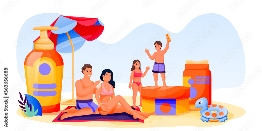 Family with kids use sunblock cosmetic. Father, mother, son, daughter sunbathing on beach. Vector illustration Family with kids use sunblock cosmetic. Father, mother, son, daughter sunbathing on beach. Vector illustration