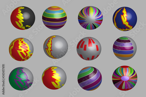 Different Color and Ornament Pattern Balls 3D Illustration