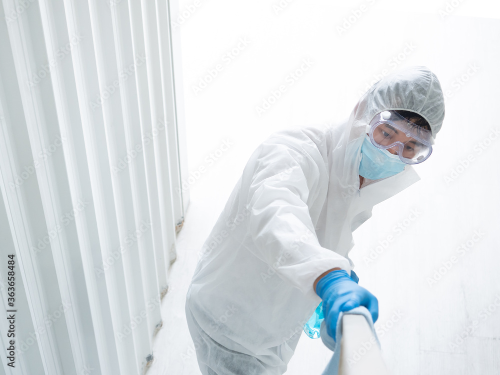 Asian man wear white uniform hygiene, face mask and safety transparent