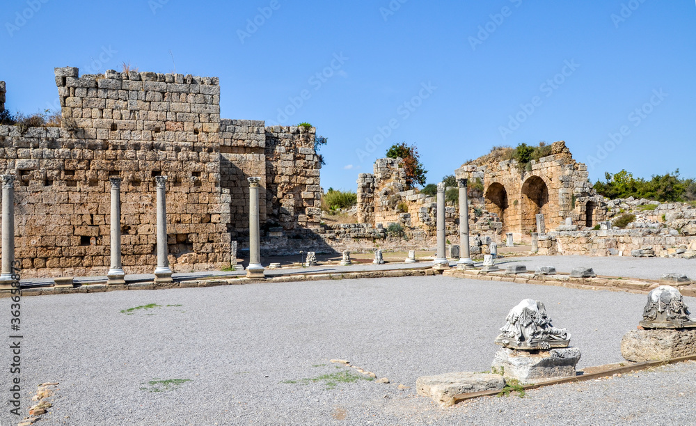 The ruins of ancient ancient Anatolian city of Perge located near the Antalya city in Turkey