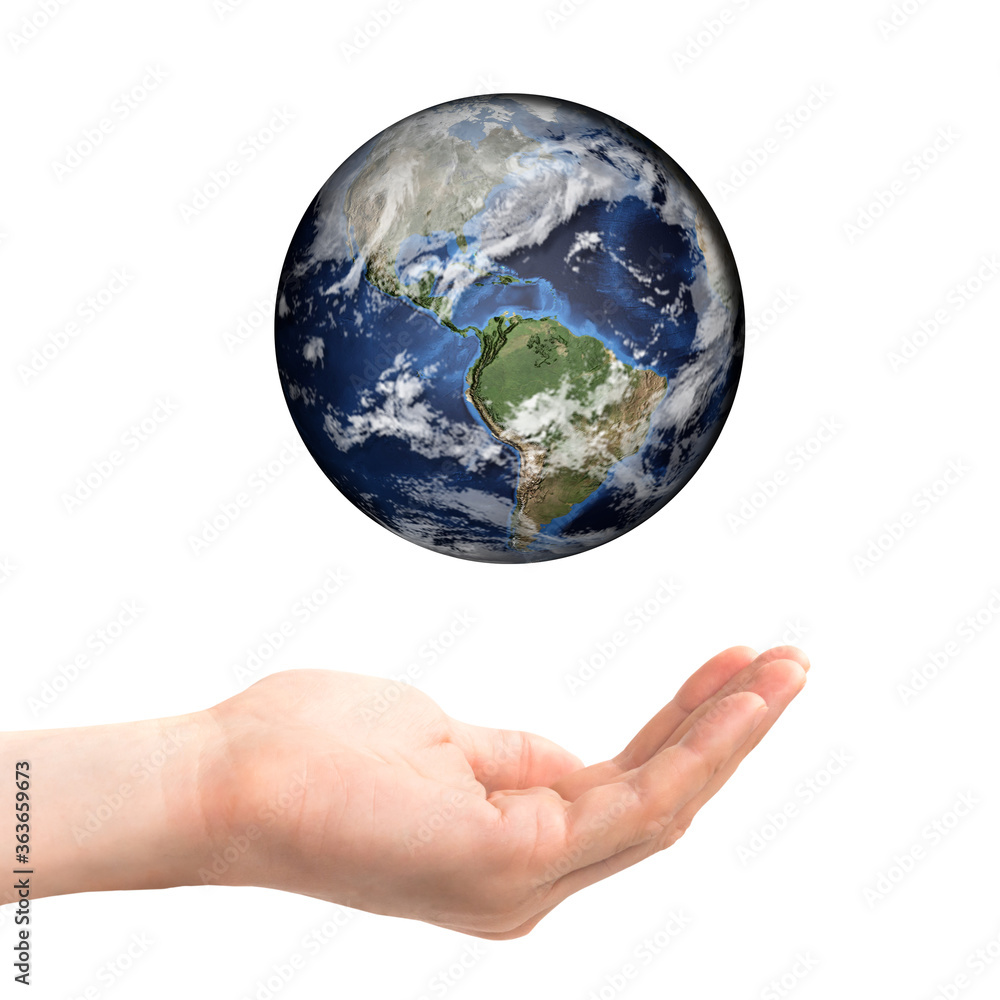 Two open hands hold Earth planet concept isolated on white background Two open hands hold Earth planet concept isolated on white background