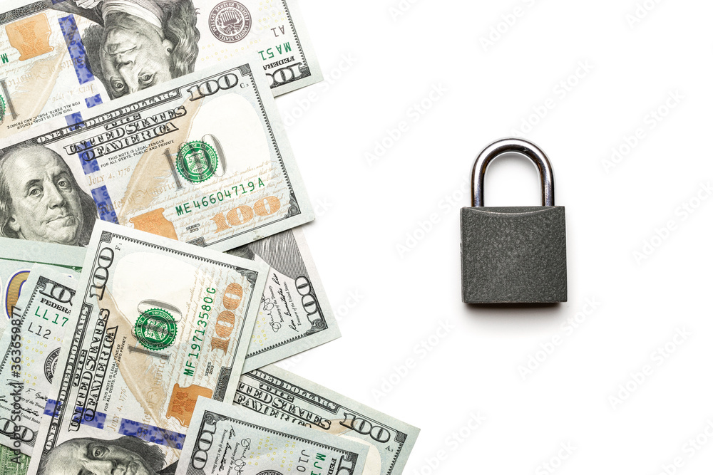 Save money. Dollar sign with padlock isolated on white. American money or us bill cash on white background. Save money. Dollar sign with padlock isolated on white. American money or us bill cash on white background.