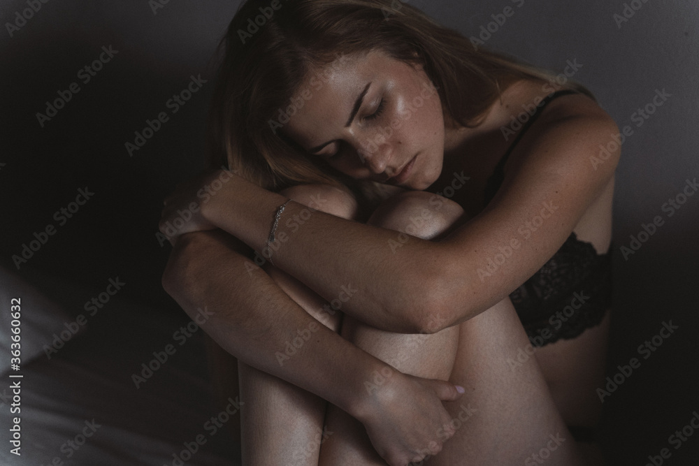 Lovely alone girl sweety resting on bed. Lovely alone girl sweety resting on bed.