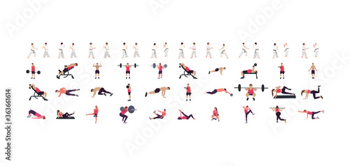 workout illustration set, gym, karate, wrestling illustration set