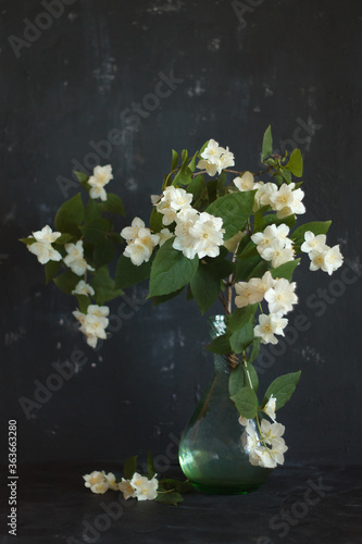 Jasmine flowers in a green vase on a black background