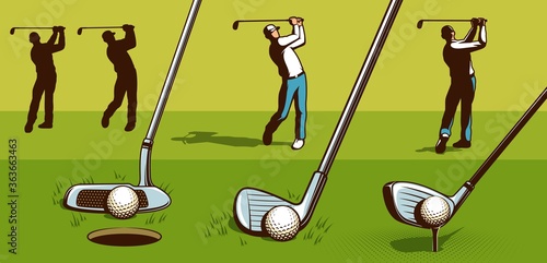 Golf player retro style. Golf clubs vintage vector illustration.