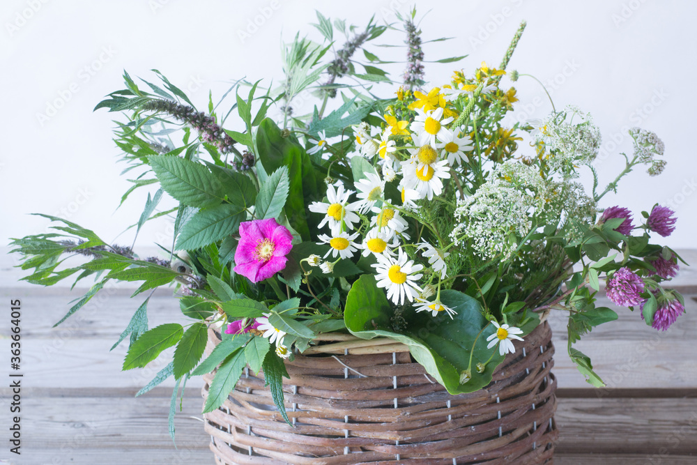 Healing herbs in basket on wooden background