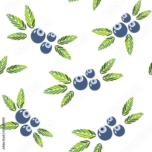 Seamless pattern blueberry on white background. Endless texture with blue berries and green leaves. Vector illustration.