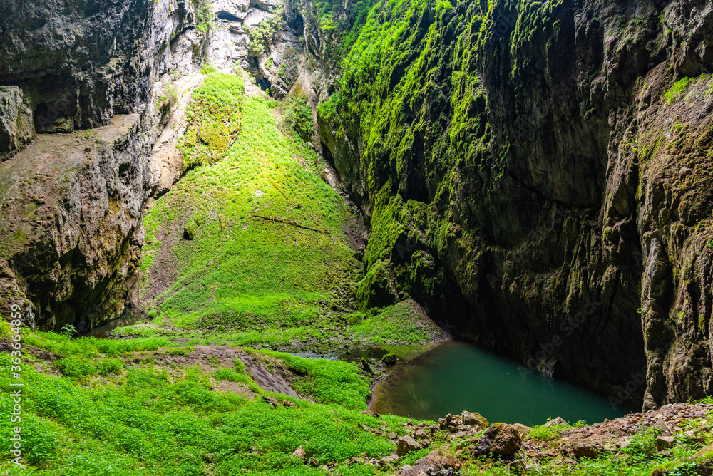Macocha Abyss - large limestone gorge in Moravian Karst, Czech: Moravsky Kras, Czech Republic. View from bottom.