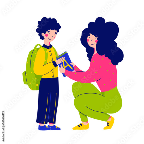 Back to school, mom and son, flat vector character illustration.