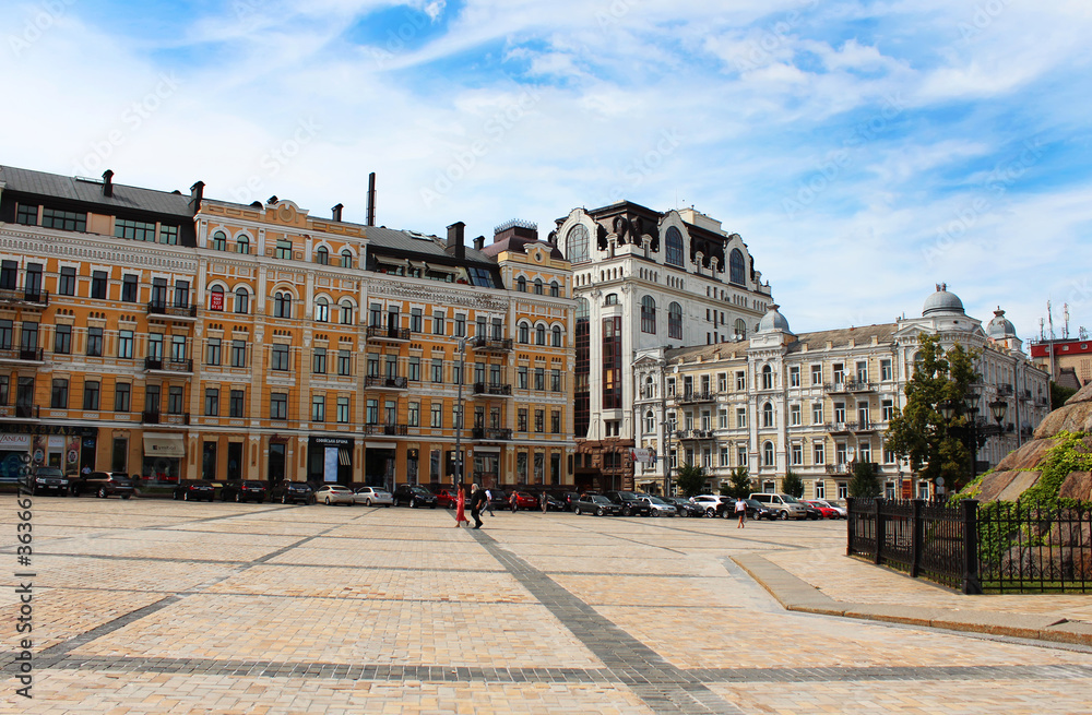 The old and modern buildings on the Sophia square in the Kyiv downtown, Ukraine. Beautiful Ukrainian architecture. 