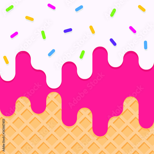 Dripping icing on wafer. Simple vector of melting ice cream with sprinkles
