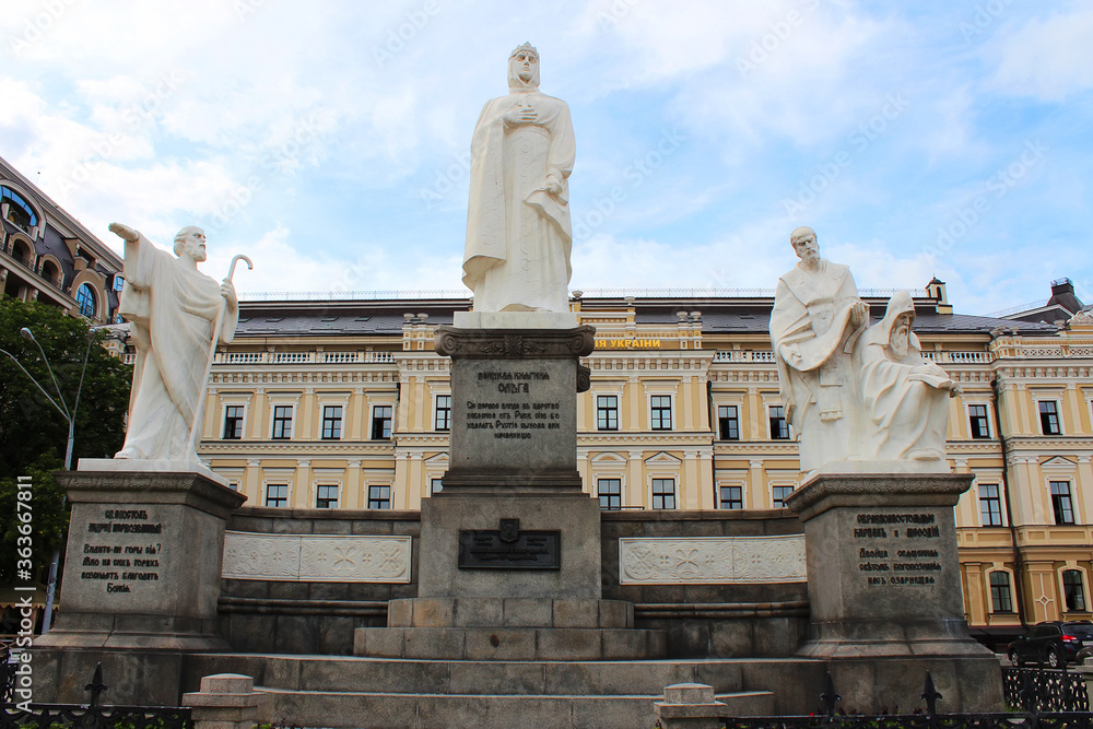Monument to Princess Olga, Apostle Andrew, Cyril and Methodius at Mikhailovskaya Square in Kiev, Ukraine.  Beautiful sculptural composition, Ukrainian architecture