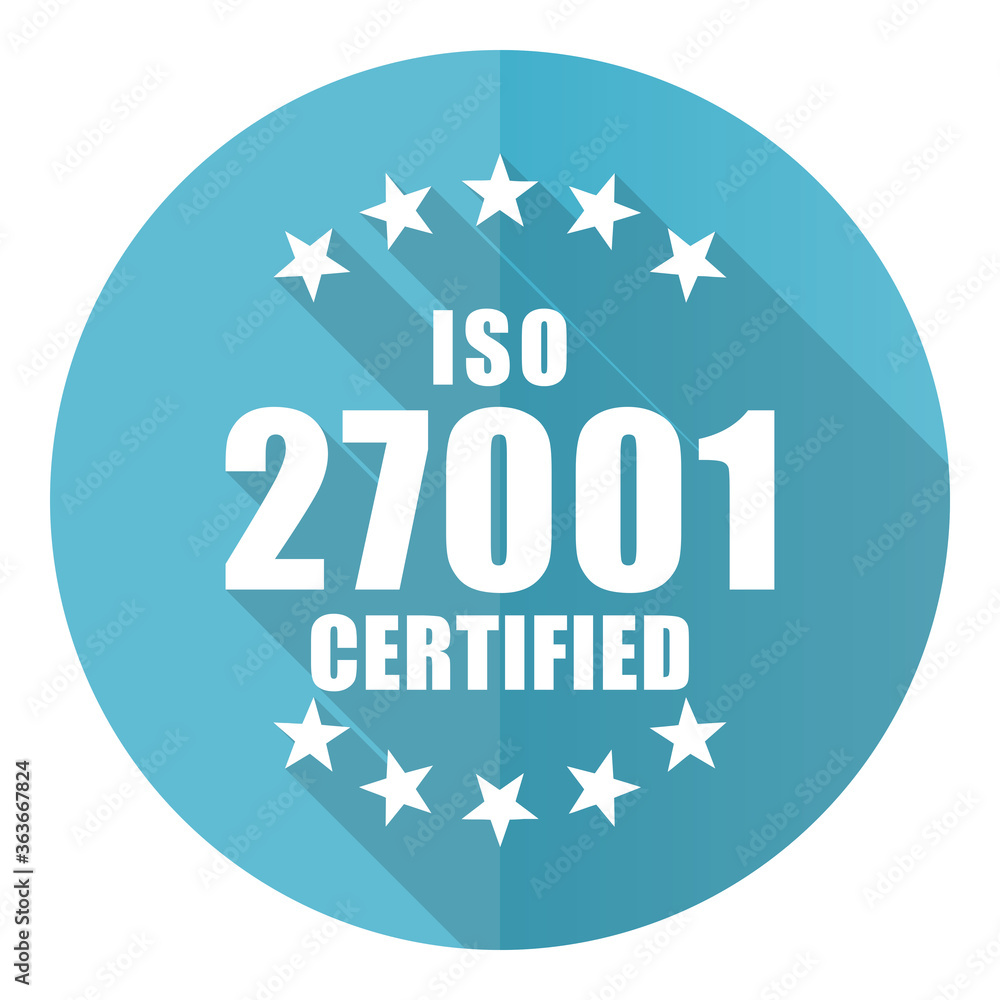 Iso 27001 vector icon, flat design blue round web button isolated on white background Iso 27001 vector icon, flat design blue round web button isolated on white background