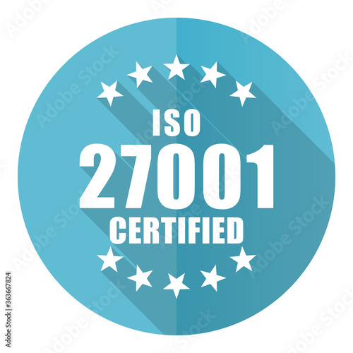 Iso 27001 vector icon, flat design blue round web button isolated on white background © Alex White