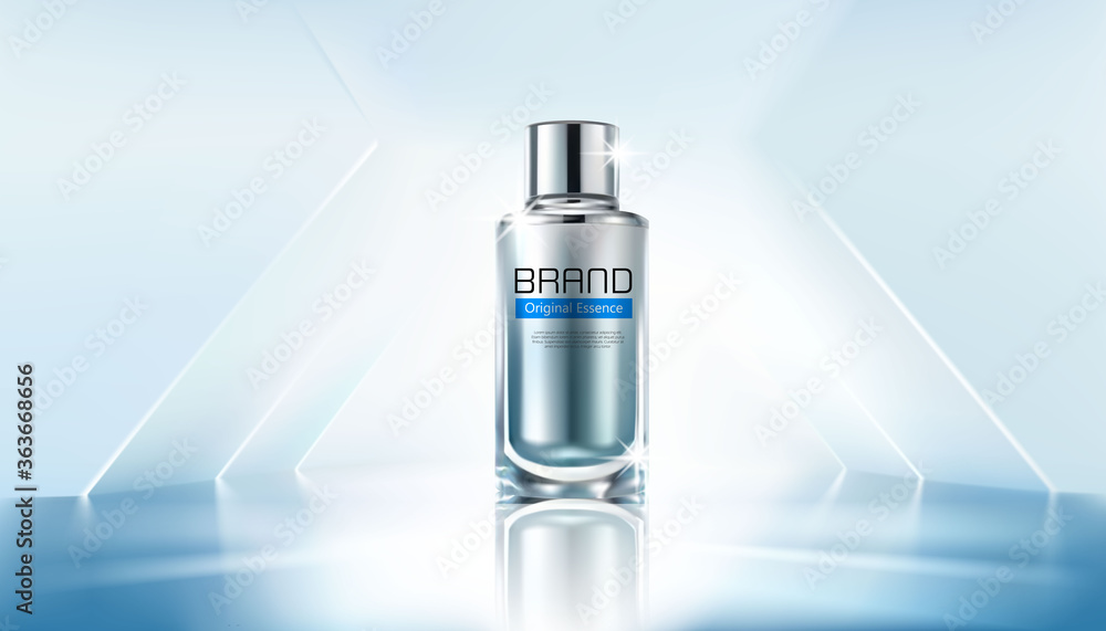 Cosmetic ads template, glass droplet bottle with wavy light abstract background. 3D illustration. Cosmetic ads template, glass droplet bottle with wavy light abstract background. 3D illustration.