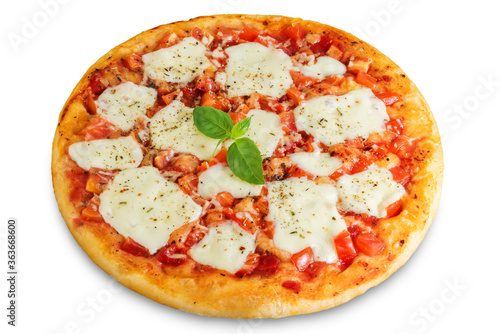 Pizza Margarita with tomatoes, tomato sauce and Mozzarella cheese on a white isolated background