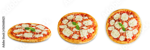 Pizza Margarita with tomatoes, tomato sauce and Mozzarella cheese on a white isolated background