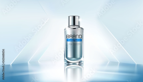 Cosmetic ads template, glass droplet bottle with wavy light abstract background. 3D illustration.