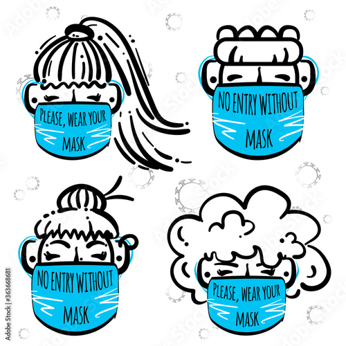 People avatars collection in medical mask. Set of the characters. No entry without face mask. Passage only in mask, without mask entry prohibited. Advertisement for protection, prevention coronavirus.