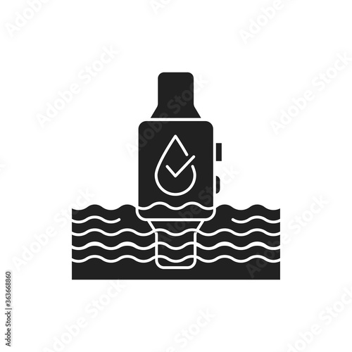 Waterproof smart watch black glyph icon. Water repellent device concept. Innovation technology. Pictogram for web page, mobile app, promo. UI UX GUI design element.