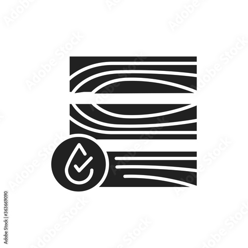 Waterproof wood flooring black glyph icon. Water repellent material concept. Impermeable DWR tile, laminate sign. Pictogram for web page, mobile app, promo. UI UX GUI design element.