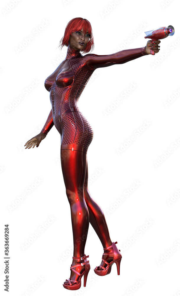 3d rendered illustration of a young woman in red dress, armed with futuristic gun 3d rendered illustration of a young woman in red dress, armed with futuristic gun